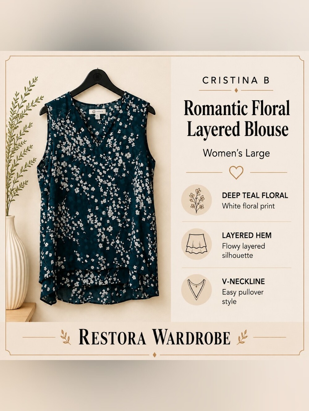 Cristina B Romantic Teal Floral Sleeveless Blouse Layered Hem L